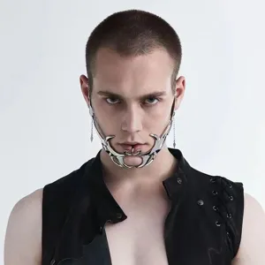 Cyberpunk metal chin mask gothic face chain piercing jaw accessory for cosplay Halloween party