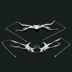 Cyberpunk metal half face mask chin chain detail shot, silver futuristic goth face jewelry.