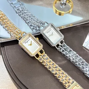 Mode Legierung Strass Rechteckiges Zifferblatt Uhr Für Damen Edelstahl Doppelreihige Kette Armband Quarzuhr Schmuck Geschenk