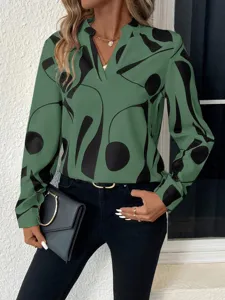 Women casual green V-neck long sleeve blouse with black abstract print fashion shirt top