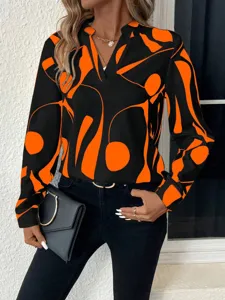 Women's chic black and orange abstract print V-neck long sleeve casual blouse for daily wear