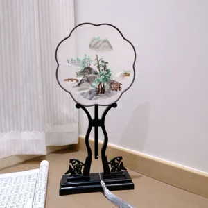Traditional Chinese embroidered round fan with stand, elegant Hanfu accessory for dance and show.