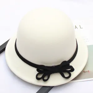 Women white wool felt bowler hat with black bow ribbon vintage casual elegant cloche hat.