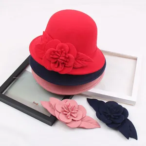 Wool felt cloche hat with 3d flower detail, stylish winter warm bucket hat for women detail view.