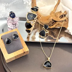 Luxury irregular black stone gold-tone watch necklace ring earrings jewelry set for women.