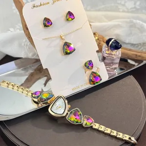 Irregular colorful rhinestone watch necklace earrings jewelry set for women fashion gift accessory.