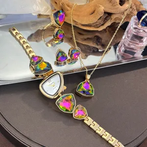 Irregular rhinestone watch necklace ring earrings 4-piece jewelry set gift for women