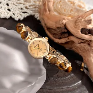 Luxus Gold Quartez Damenuhr mit Natur Tigerauge Perlen Armband Modischer Damenschmuck