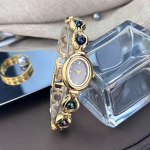 Elegante orologio donna bracciale ovale retro oro metallo quarzo stile chic nuovo