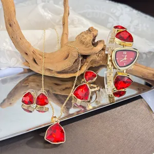 Red crystal triangular watch necklace ring earrings set for women elegant jewelry gift.