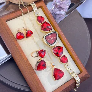 Luxury red crystal irregular gemstone watch necklace ring earrings jewelry set for women gift