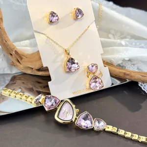 Chic irregular crystal rhinestone watch necklace earrings ring four-piece jewelry gift set.