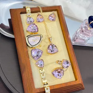 Gorgeous pink crystal irregular watch necklace earrings ring 4-piece gift jewelry set