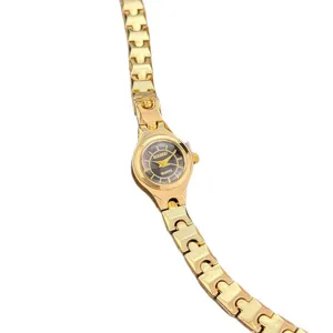 Minimalist small dial quartz watch with slim gold strap, elegant classic women watch.