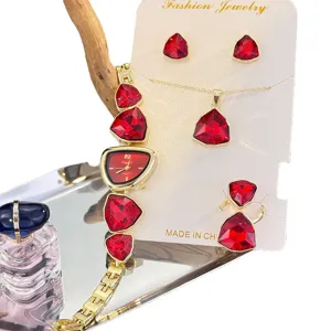 Red crystal irregular triangle shape jewelry set watch necklace earrings ring gift box.