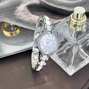 Elegante orologio da donna al quarzo in ceramica con strass lunetta lucida cinturino.