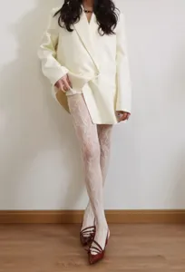 White floral lace fishnet tights for women, elegant spring summer sheer stockings.