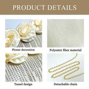 Nahaufnahme Details der Abendtasche mit Satinblumen, Strassquasten und goldener Kette.