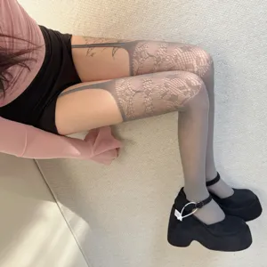 Spring summer lace fishnet garter tights for women, stylish grey thigh high stockings detail.
