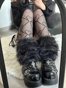 Alternative heart fishnet tights black furry leg warmers chunky platform shoes sweet style