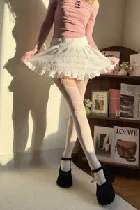 Women's summer white lace fishnet tights suspender stockings sweet sexy style hosiery detail