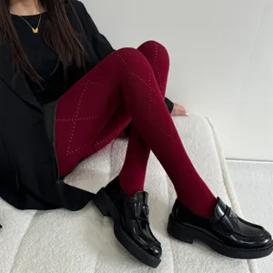 Collants tricotés à motif losanges rouges pour femmes, collant chaud extensible hiver.