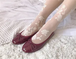 Women White Floral Embroidered Sheer Tights and Burgundy Patent Leather Ballet Flats