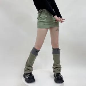 Women functional style color block drawstring leg warmers for autumn winter daily wear fashion.