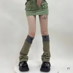 Womens Functional Style Color Block Drawstring Leg Warmers Autumn Winter Knit Micro Flare Socks Casual Fashion Accessories