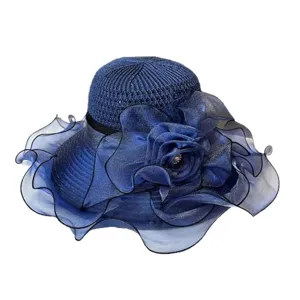 Mujer Ala Ancha Sombrero de Sol Verano Playa Paja Sombrero Elegante Organza Flor Sombrero UV