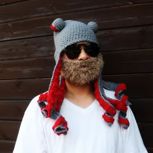 Handmade crochet octopus hat with beard, funny novelty winter warm beanie for Halloween party.
