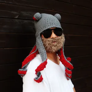 Handmade crochet octopus hat with tentacles and beard funny Halloween party costume beanie