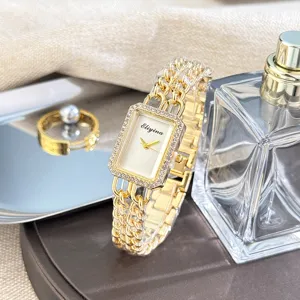 Goldene rechteckige Strass Damen Quarzuhr mit doppelter Kettenarmband Mode Armbanduhr