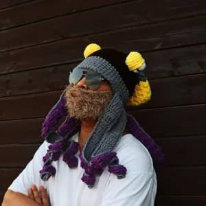 Handmade crochet octopus hat with long tentacles and beard funny party knit beanie cap