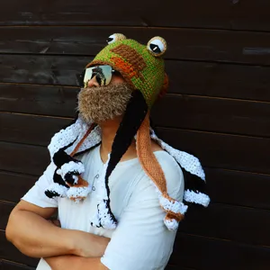 Closeup detail of the handmade novelty crochet octopus hat with funny beard and dangling tentacles.