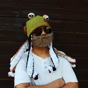 Handmade crochet octopus hat with long tentacles and beard, funny Halloween party costume.