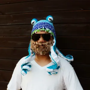 Detailed view of the handmade crochet octopus hat, funny animal tentacles winter warm cap.