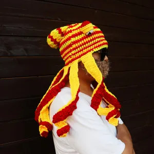 Handmade crochet octopus hat red yellow striped funny squid beanie for Halloween party costume