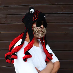 Handmade crochet octopus hat funny black red beanie winter warm party costume headwear