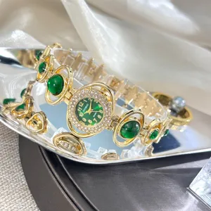 Luxury green stone rhinestone quartz women watch elegant gold metal bracelet wrist watch for ladies