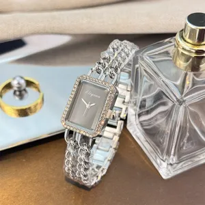 Damen Strass rechteckige Quarz Uhr mit eleganter doppelter Kettenglieder Armbanduhr