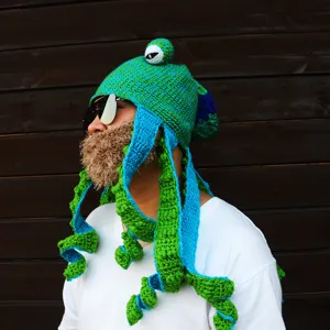 Handmade crochet octopus hat funny novelty beanie green blue tentacles for party costume.
