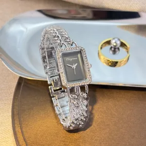 Silberne rechteckige Strass Quarzuhr fuer Damen, elegante Doppelketten Armbanduhr