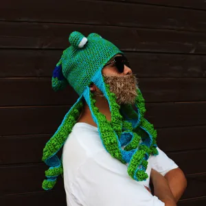 Handcrafted crochet octopus hat with funny tentacles design, novelty costume headwear for parties.