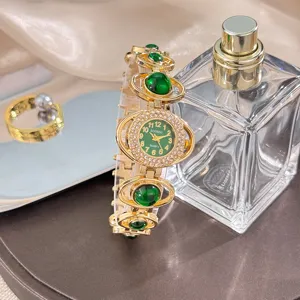 Women fashion rhinestone green dial quartz watch luxury star-shaped bracelet wristwatch