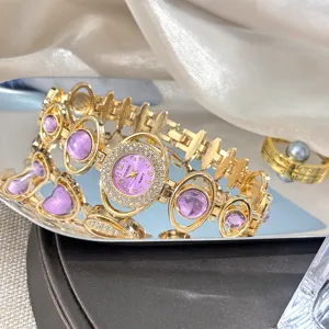 Women luxury rhinestone quartz watch with purple dial and gold bracelet fashion