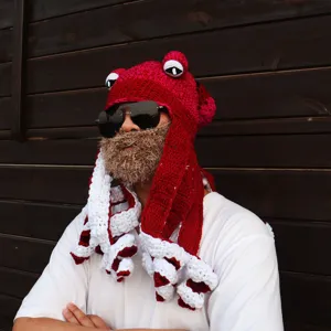 Handmade crochet octopus hat novelty red white funny tentacle beanie for party costume.