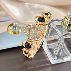 Women fashion quartz watch with rhinestone bezel and black beaded bracelet strap for daily wear