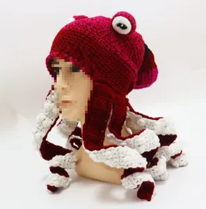 Handmade crochet octopus hat funny red white wool cap for Halloween party costume fun.