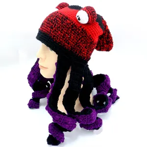 Handcrafted crochet octopus hat featuring dangling tentacles and funny eyes for parties.